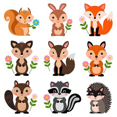 Obraz premium Set of ten cheerful woodland critters with flowers, bright colors, medium eyes, white background.