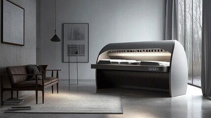 Modern minimalist bedroom with a futuristic sleep pod.