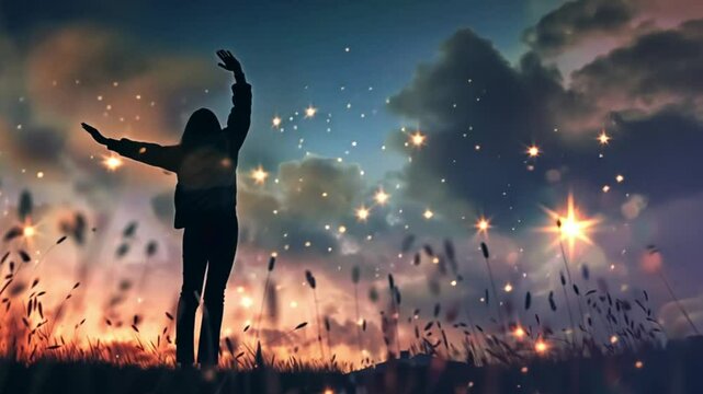A woman leaps into the air in an open field, surrounded by glowing lights, representing freedom and exhilaration.