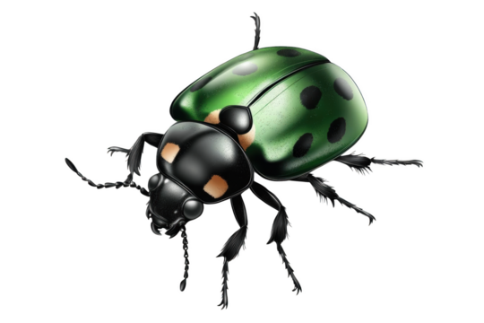 A Green Beetle with Black Spots on its Shell Looks Like a Transparent Object