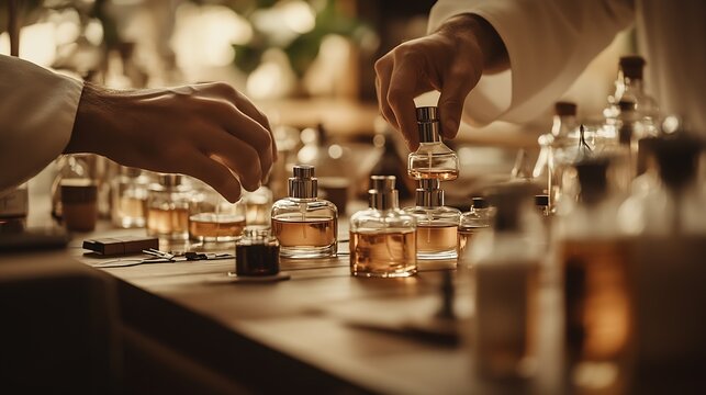 Hands of skilled perfumer blending aromatic perfumes in a traditional workshop full of glass vials and cozy ambiance : Generative AI