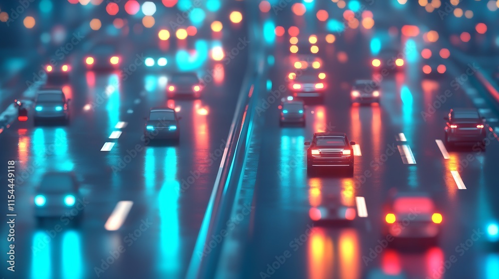 Poster vibrant urban highway at night with neon lights and reflective surfaces creating a dynamic city atmo