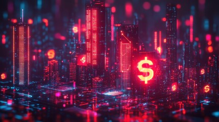 Futuristic cityscape with digital currency symbols and neon lights.