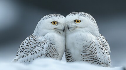 Obraz premium Two white owls perch atop snowpile, amidst dark night sky