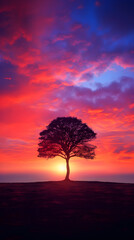 Resplendent Sunset Over the Horizon: A Spectacular Display of Nature's Twilight Colors and the Silhouette of a Solitary Tree
