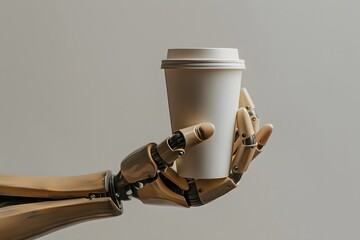Naklejka premium A prosthetic hand holding a coffee cup