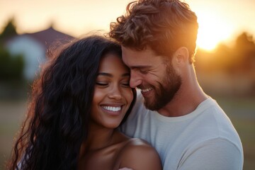 Fototapeta premium An emotionally connected couple shares a tender embrace, addressing the beauty of love under a magnificent sunset, highlighting their bond and connection to each other.