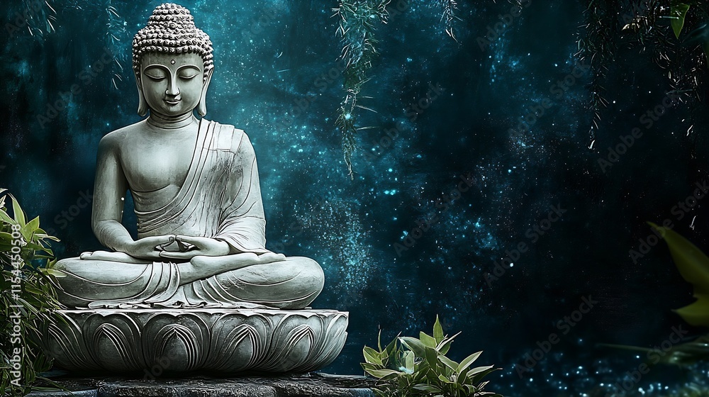 Poster buddha statue in a lush garden setting with mystical blue tones : generative ai