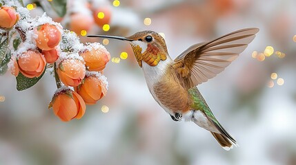 Fototapeta premium A hummingbird rests on an orange-berried branch, surrounded by a soft, blurred light
