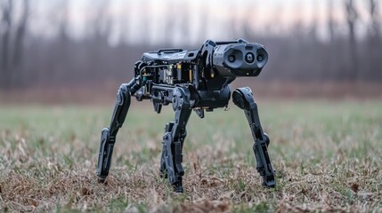 Robotic quadruped dog in a field.