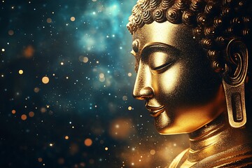 Glistening Golden Buddha with Celestial Background and Glittering Stars for Spiritual Awakening : Generative AI