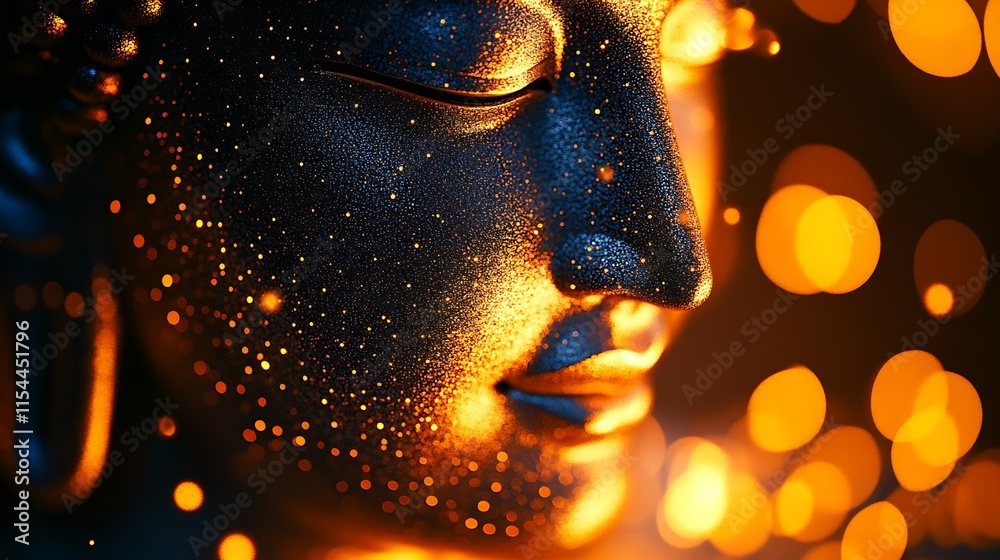 Aufkleber Side Profile of Serene Buddha Statue with Glittering Golden Bokeh Background : Generative AI
