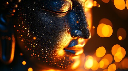 Side Profile of Serene Buddha Statue with Glittering Golden Bokeh Background : Generative AI