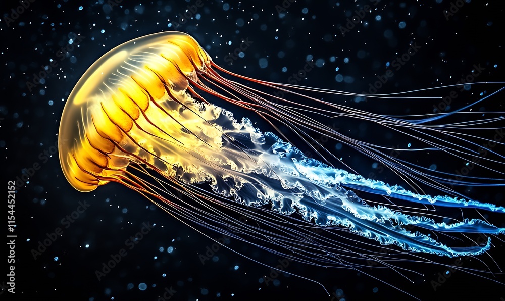 Poster Majestic Bright Jellyfish with Flowing Tentacles in a Spectacular Oceanic Ballet : Generative AI