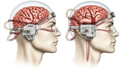 Two profile views of a human head with a brain-computer interface, showcasing neural pathways and technological components.