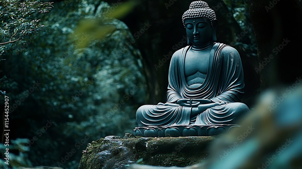 Poster tranquil buddha statue amidst lush greenery in serene forest setting : generative ai