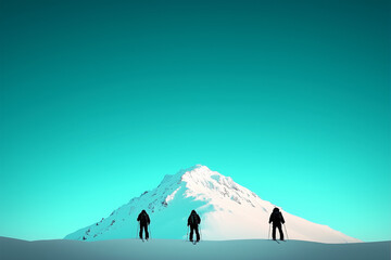 Abstract representation of a snowy mountain peak with skiers in simple lines, set against a pale blue sky. The clean design evokes adventure and winter travel.
