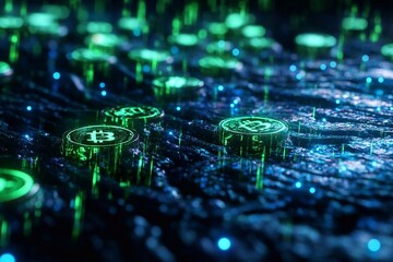 Cryptocurrency symbols floating in a dark matrix