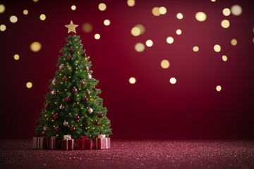 Obraz premium A beautifully decorated Christmas tree set against a red background, glowing with sparkling bokeh lights, creating a joyful and festive holiday atmosphere.