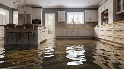 View Through a Kitchen Window Overlooking Flooded Interiors