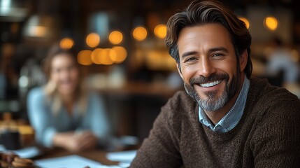 Fototapeta premium Content Gentleman Smiling in a Lively Coffeehouse Environment With Warm Tones and Blurry Background : Generative AI