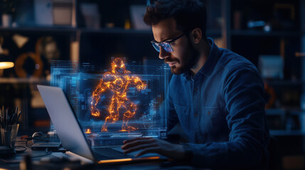 Game Developer Projecting 3D Holographic Model of Game Character with Dynamic Animations from Laptop