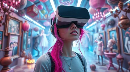 Obraz premium Close-Up Portrait of a Woman Wearing a VR or Oculus Headset
