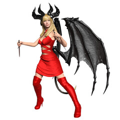 3D rendered female fantasy character with devil's wings and horns wearing a red dress and red boots isolated on transparent background