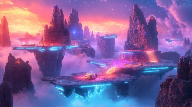 A vibrant, futuristic landscape of floating islands amidst colorful clouds.
