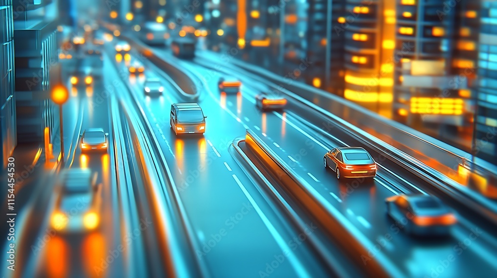 Poster dynamic city freeway with streamlined traffic flow and bright lights at night : generative ai