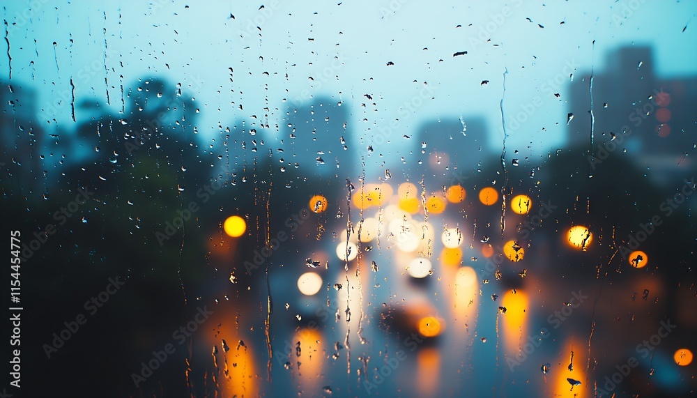 Poster atmospheric raindrops on window revealing city lights with a dreamy bokeh effect : generative ai