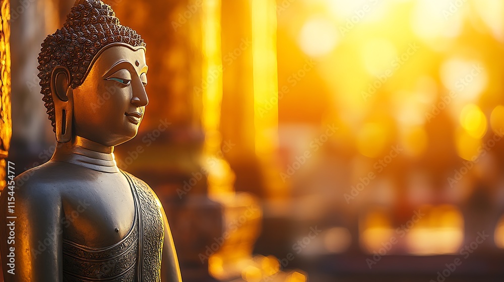 Poster buddha statue and golden sunbeams creating tranquil atmosphere : generative ai