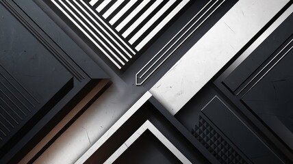 Obraz premium Black, white, and dark grey abstract background. featuring line stripes, triangles, and polygons with angles . The background has a rough grain noise texture.