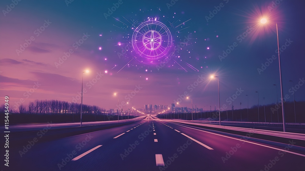 Poster Surreal Futuristic Highway at Twilight with Glowing Celestial Energy Sphere in the Sky : Generative AI