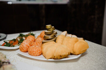 Platter of Assorted Fruits and Breads Displayed Aesthetically