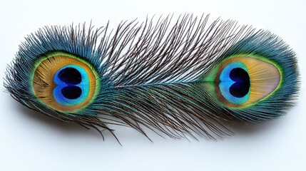Obraz premium A detailed image of a peacock's vibrant feathers against a plain white backdrop, featuring blue and green centers