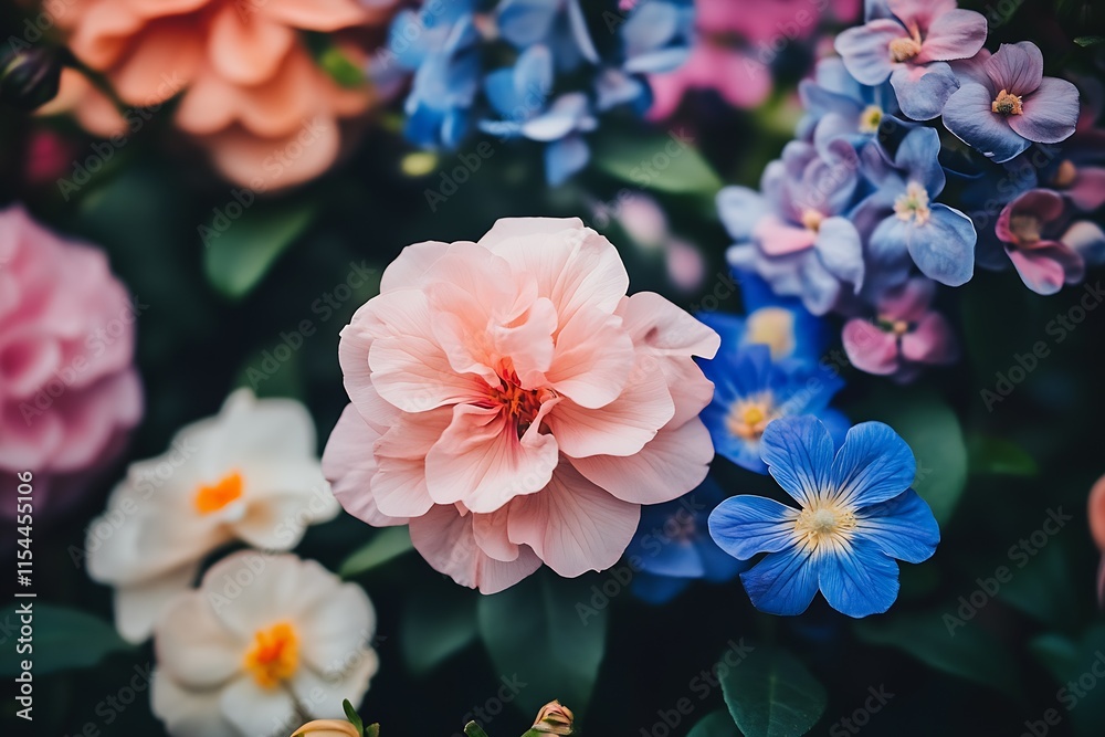 Poster assorted pastel flowers with lush greenery and soft focus : generative ai