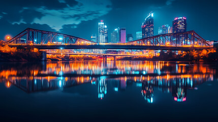 Fototapeta premium Vibrant cityscape at night: illuminated bridge and skyline reflection. Ironscape. Illustration