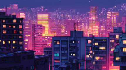 Vibrant nighttime cityscape of residential building in hong kong, china, with hundreds of windows aglow, a sea of soft luminescence against the dark urban sky. Ironscape. Illustration