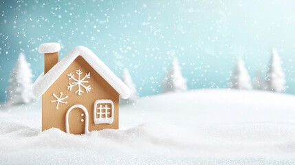 Fototapeta premium Charming Gingerbread House Surrounded by Snowy Winter Landscape with Soft Blue Background and Delicate Snowflakes Falling from the Sky