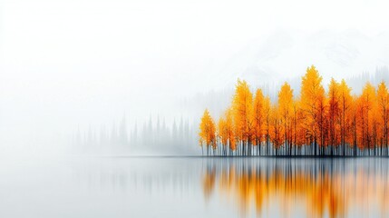   A grove of trees beside a lake, featuring vivid orange foliage in the foreground and a majestic mountain in the backdrop