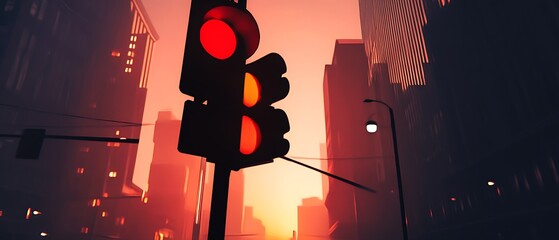 Mystical Evening Cityscape with Red Traffic Light in Foreground : Generative AI