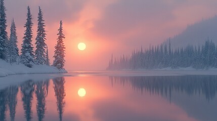   A lake surrounded by snow-covered trees with the sun setting over the water and reflecting in it