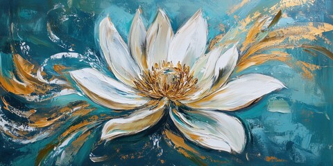 White lotus flower in teal and gold abstract art.
