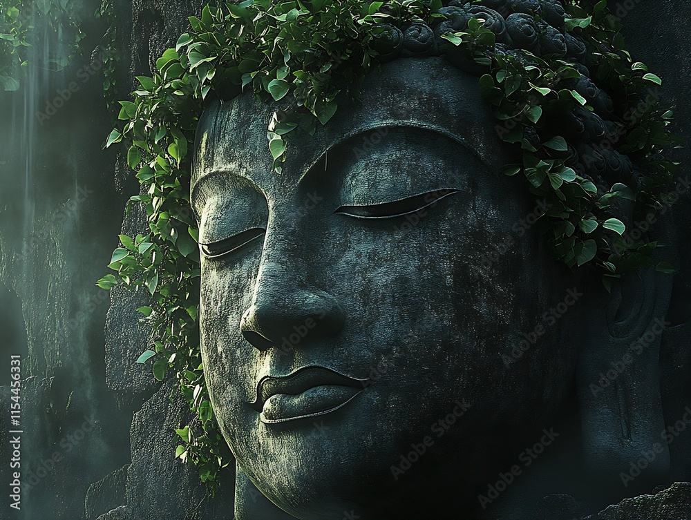 Aufkleber Serene Buddha Stone Statue with Lush Greenery and Mystical Aura in Tranquil Forest Setting : Generative AI