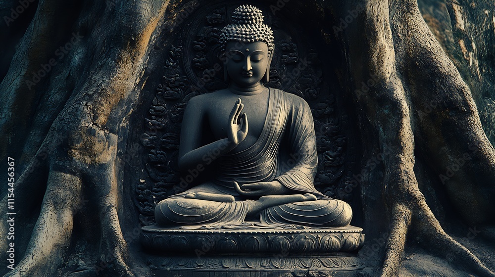 Poster serene buddha statue surrounded by ancient roots symbolizing tranquility and spiritual growth : gene