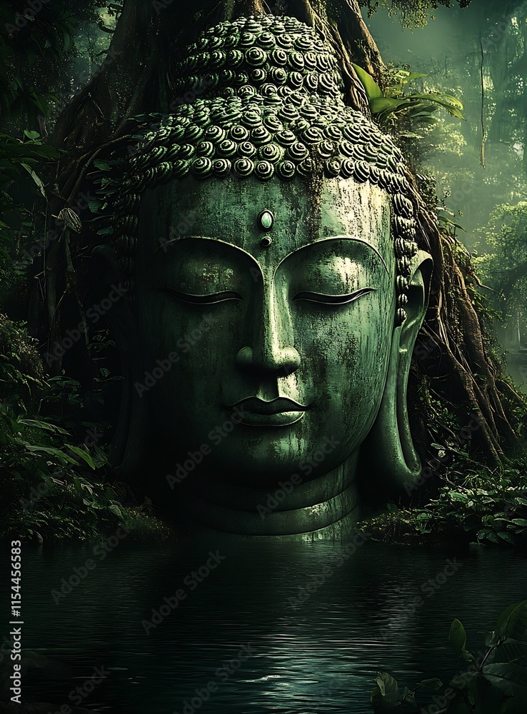 Poster majestic buddha head statue in forest setting with calm water reflection : generative ai
