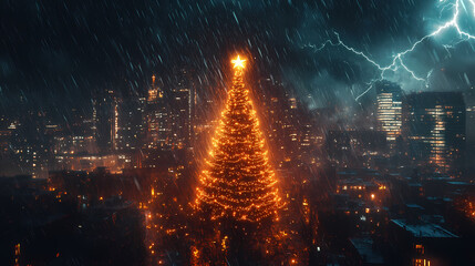 Obraz premium Majestic christmas tree illuminated amid lightning in urban rainstorm. Ironscape. Illustration