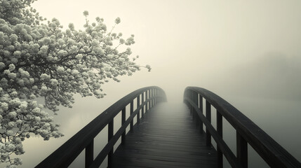 Fototapeta premium A quiet, arched wooden bridge extending over a misty lake.