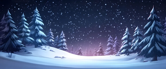 Enchanted Winter Forest Scene with Snowy Pine Trees Under a Starry Night Sky